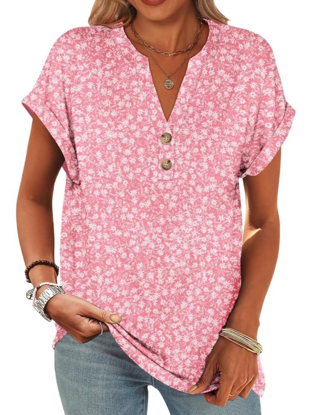 Women's Pink Summer Short Sleeves Henley V Neck Comfortable Trendy Tee Shirts